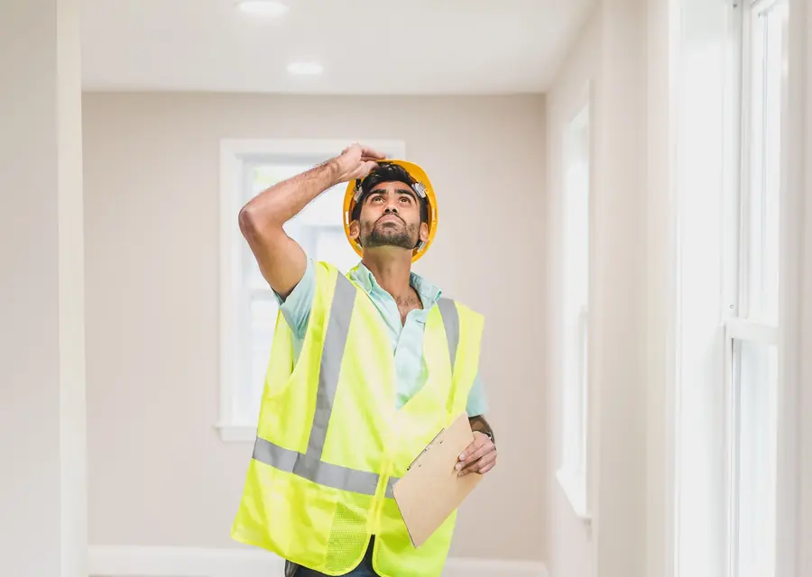 Technician in a hard hat inspecting a ceiling for signs of a rat infestation